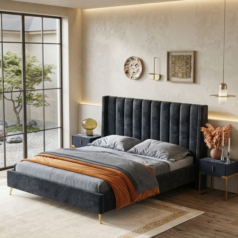 Onyx High-Headboard Luxury Velvet Platform Bed