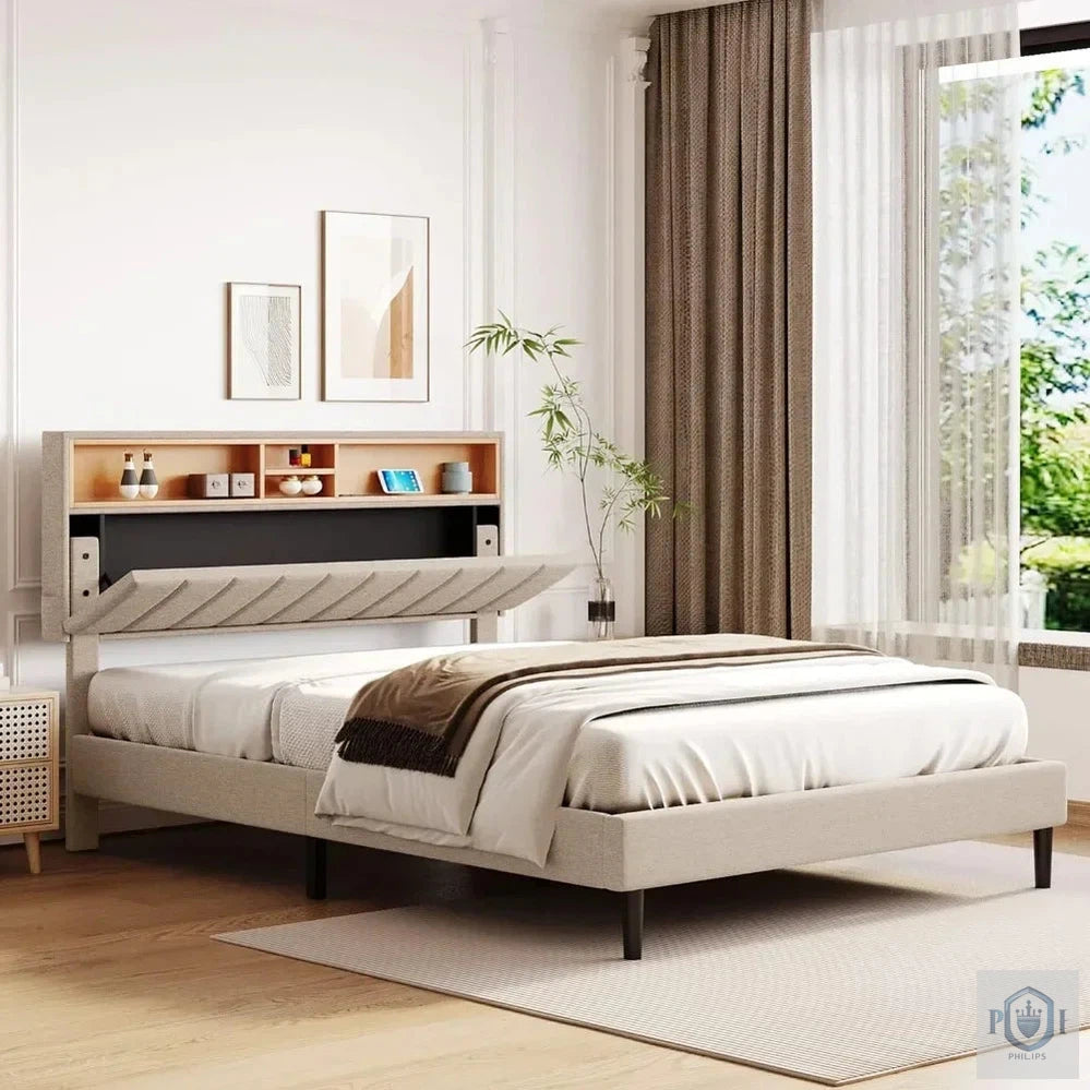 Wooden Platform Upholstered Bed Frame with with Storage Headboard.