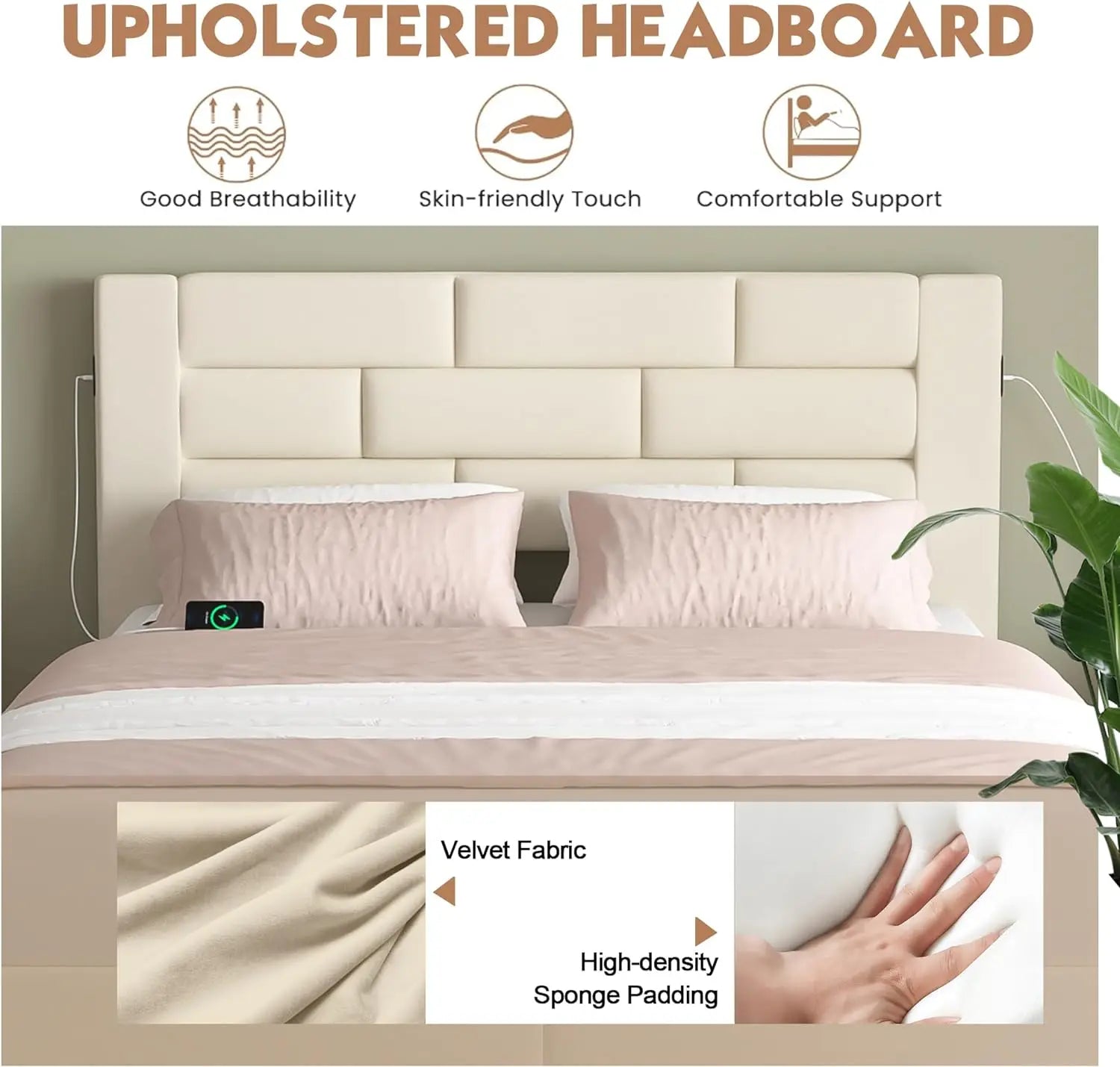 Upholstered Bed Frame with High Headboard, Storage Drawers, USB Charging Ports