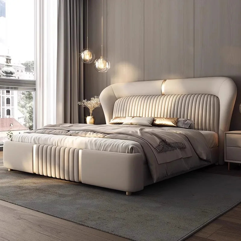 Modern bedroom with a large upholstered bed, decorative pillows, and a window with curtains.  Modern bedroom design, aesthetic modern bedframe, minimalist bedframe, luxury bedframe design, Italian bedframe design. 