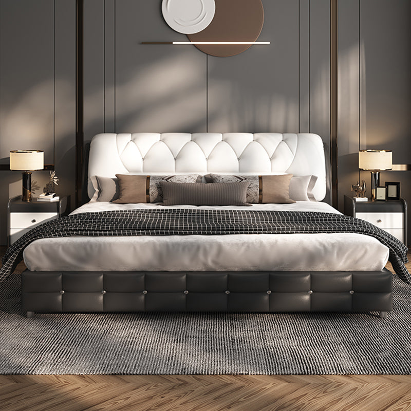 Luxury Modern Leather King Bed with Storage in Black & White. Luxury bedframe in black and white color, aesthetic bedframe design, bedroom furniture, wood furniture. 