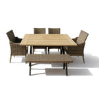 Wooden dining table with four wicker chairs and a bench on a white background. Outdoor Furniture, Dining set, Garden furniture. 