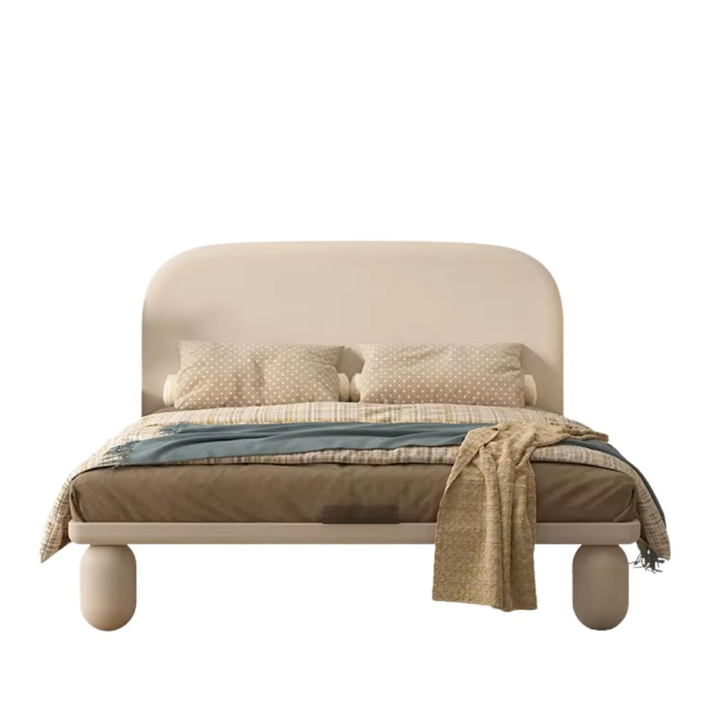 This Luxury Upholstered King Bed embodies contemporary sophistication with its gracefully curved headboard and premium fabric finish. The soft beige tones and vertical panel detailing create an elegant statement piece that brings both comfort and style to any modern bedroom. Crafted with precision, it offers a sturdy frame and plush upholstery for a truly relaxing sleep experience. Perfect for those who appreciate refined aesthetics and quality craftsmanship., bed, bedframe