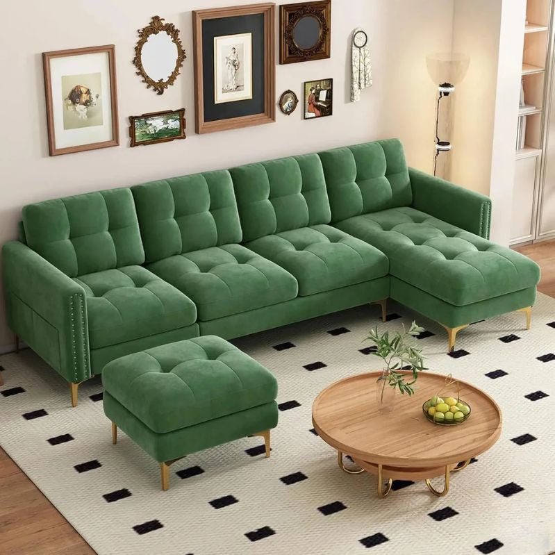 Green sectional sofa with ottoman in a living room setting. Living room furniture, U-shape sofa style, modern sofa style, upholstered sofa, minimalist sofa design, modern living room, indoor furniture. 