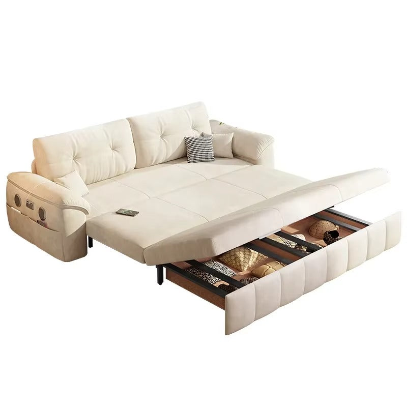 Beige sectional sofa with storage drawers on a white background. Luxury sofa bed with storage, pull out bed, Living room furniture. 