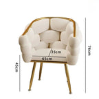 "Premium Cloud Style Vanity Chair For Dressing Table. \nWhite armchair with gold frame and dimensions marked on a white background"
