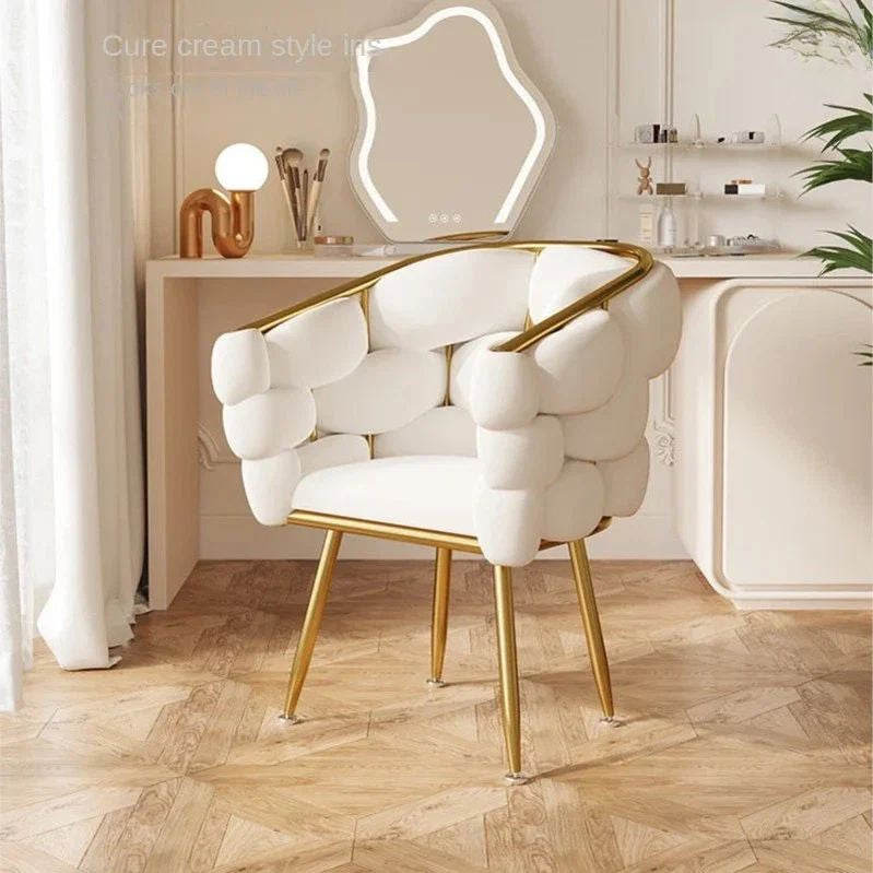 "Premium Cloud Style Vanity Chair For Dressing Table. White chair with gold legs in a stylish room setting"