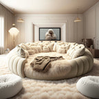 Modern living room with a large circular beige sofa and a TV  Round displaying an image of a sheep. Premium Round bed, Luxurious Bed, Modern design bed, Bedroom furniture, wood furniture. 