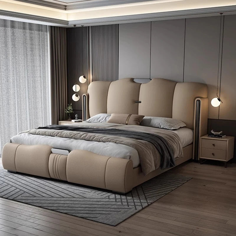 Modern bedroom with a large bed, nightstands, and decorative lights. Minimalist modern bedframe design, aesthetic bedframe design, bedroom furniture, leather bedframe. 