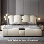 Modern bedroom setup with a Nappa leather bed board and two nightstands. Minimalist bedframe design, leather bed board, indoor furniture, bedroom furniture, aesthetic minimalist bedframe, bedroom reset. 