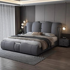 Modern bedroom with a large gray bed and decorative lighting. Minimalist bedframe design, Modern aesthetic bedframe, bedroom furniture, wood furniture, leather bedframe, leather bed. 