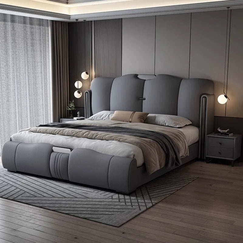 Modern bedroom with a large gray bed and decorative lighting. Minimalist bedframe design, Modern aesthetic bedframe, bedroom furniture, wood furniture, leather bedframe, leather bed. 
