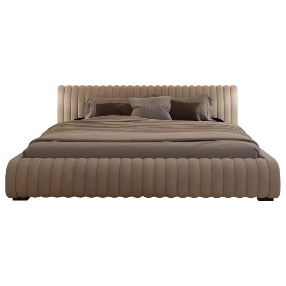 Ribbed Upholstered Low Profile Bed Frame Beige upholstered bed with brown bedding on a white background. Upholstered bed, Ribbed bed design, Low profile bed frame, modern aesthetic bedframe design, modern bedroom design. 