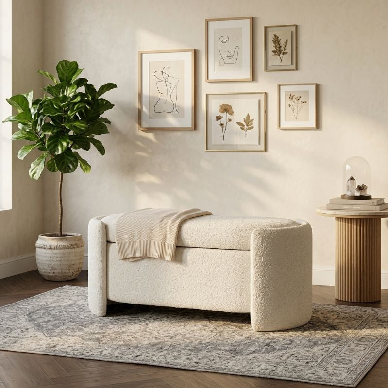 Rounded Boucle Storage Bed Side Bench