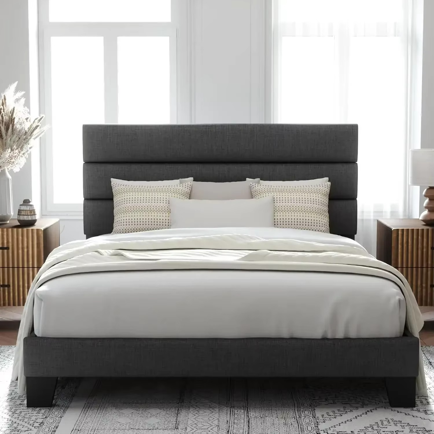 Sleek Upholstered Platform Bed with Channel-Tufted Headboard