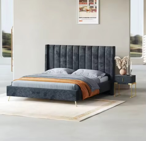 Modern Black Velvet Bed, High Headboard Design.