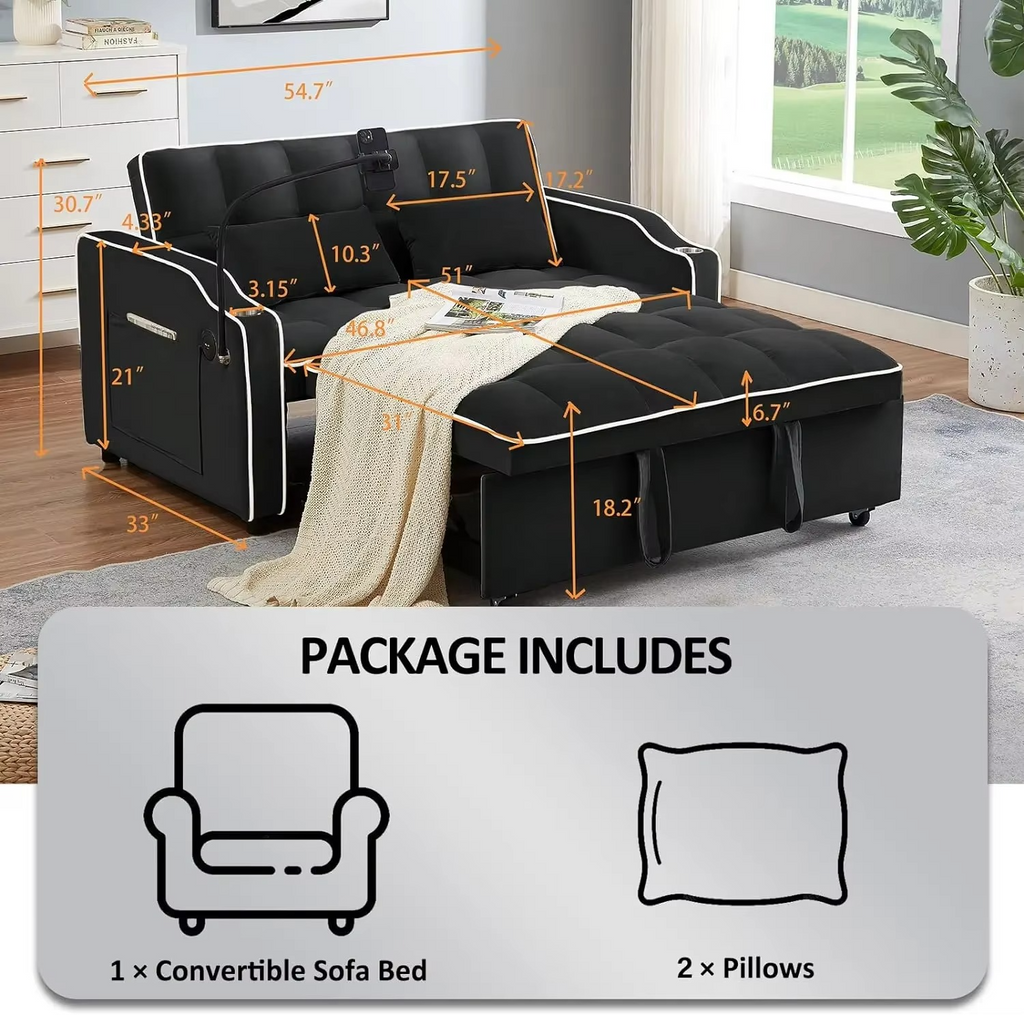 3 in 1 Sleeper Sofa Couch Bed, Velvet Convertible Loveseat Sleeper Sofa Bed, Pull Out Sofa Bed With USB Port