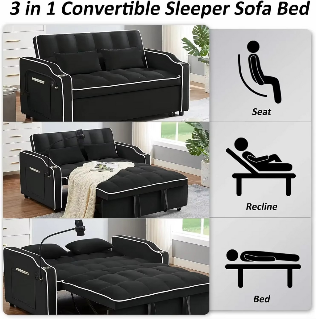 3 in 1 Sleeper Sofa Couch Bed, Velvet Convertible Loveseat Sleeper Sofa Bed, Pull Out Sofa Bed With USB Port
