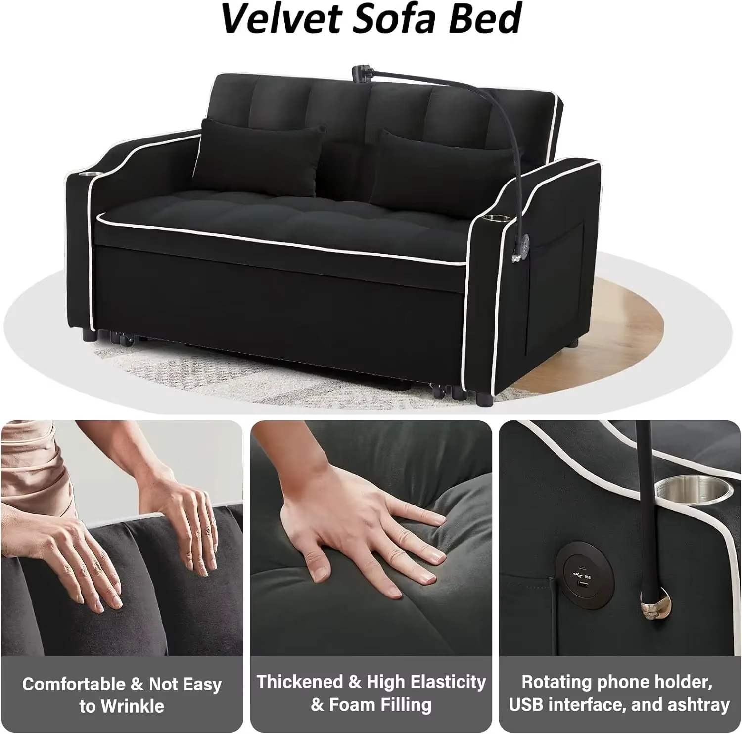 3 in 1 Sleeper Sofa Couch Bed, Velvet Convertible Loveseat Sleeper Sofa Bed, Pull Out Sofa Bed With USB Port