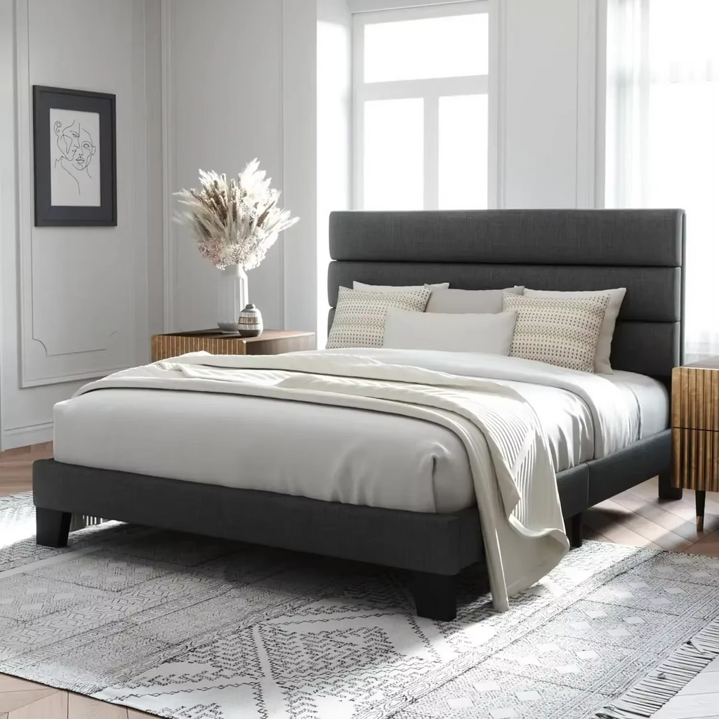 Sleek Upholstered Platform Bed with Channel-Tufted Headboard
