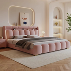 Modern Upholstered Lighted Bed with Storage Drawers Compartments