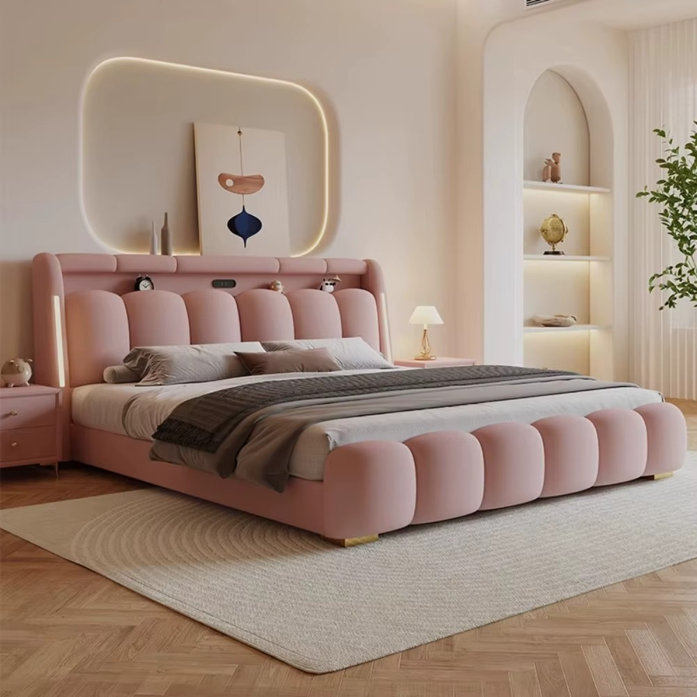 Modern Upholstered Lighted Bed with Storage Drawers Compartments