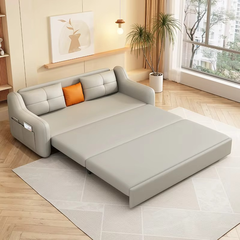 Modern leather sofa bed dual-purpose living room cream simple small apartment multi-functional storage