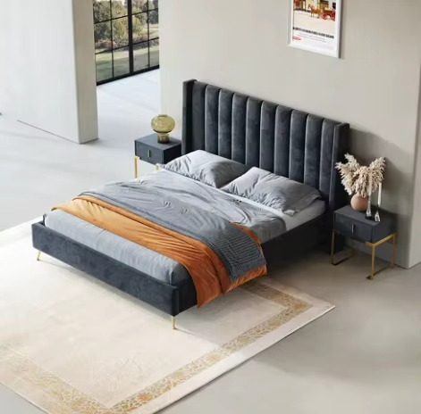 Modern Black Velvet Bed, High Headboard Design.