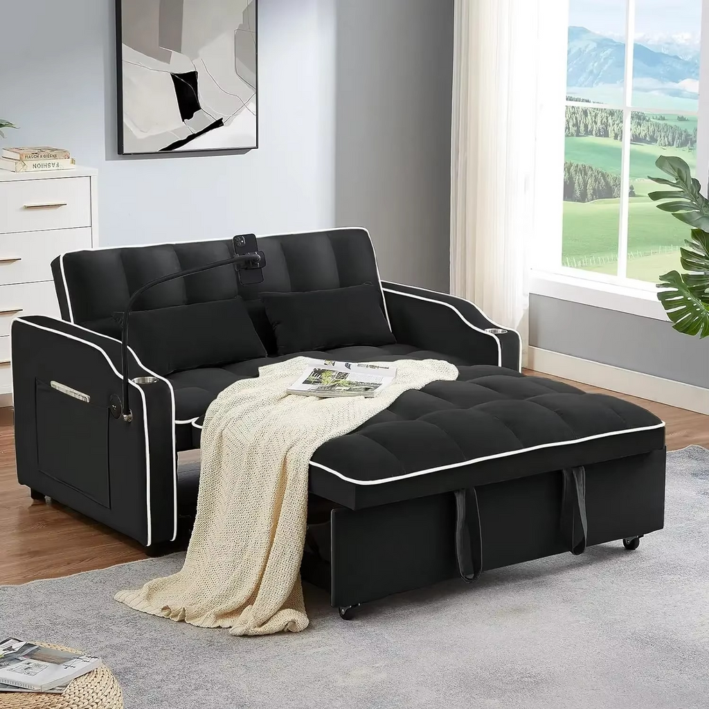 3 in 1 Sleeper Sofa Couch Bed, Velvet Convertible Loveseat Sleeper Sofa Bed, Pull Out Sofa Bed With USB Port