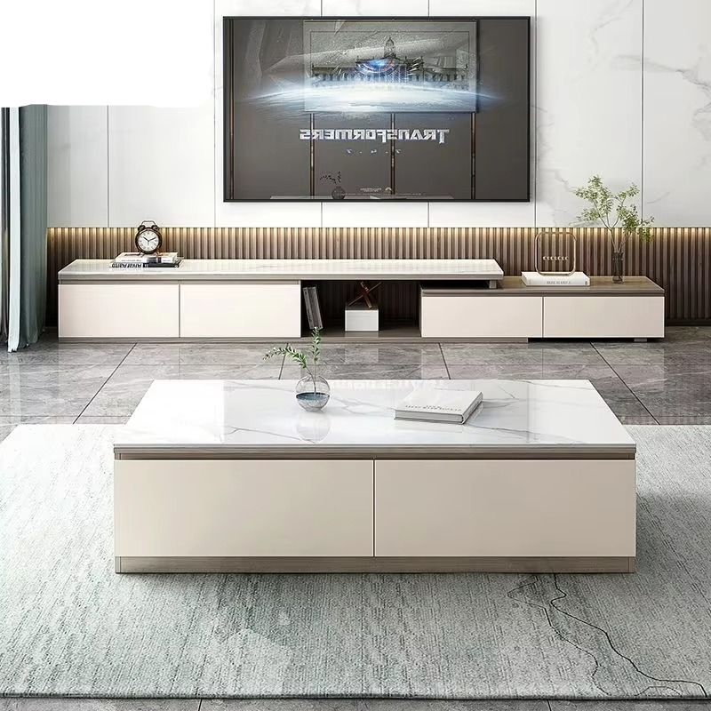 Simple TV cabinet coffee table set matching living room furniture rock slab marble TV cabinet