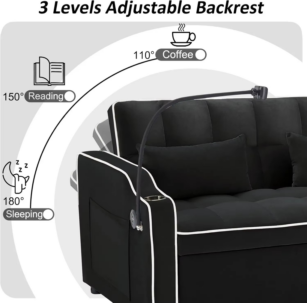 3 in 1 Sleeper Sofa Couch Bed, Velvet Convertible Loveseat Sleeper Sofa Bed, Pull Out Sofa Bed With USB Port