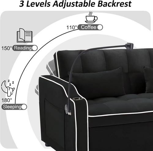 3 in 1 Sleeper Sofa Couch Bed, Velvet Convertible Loveseat Sleeper Sofa Bed, Pull Out Sofa Bed With USB Port