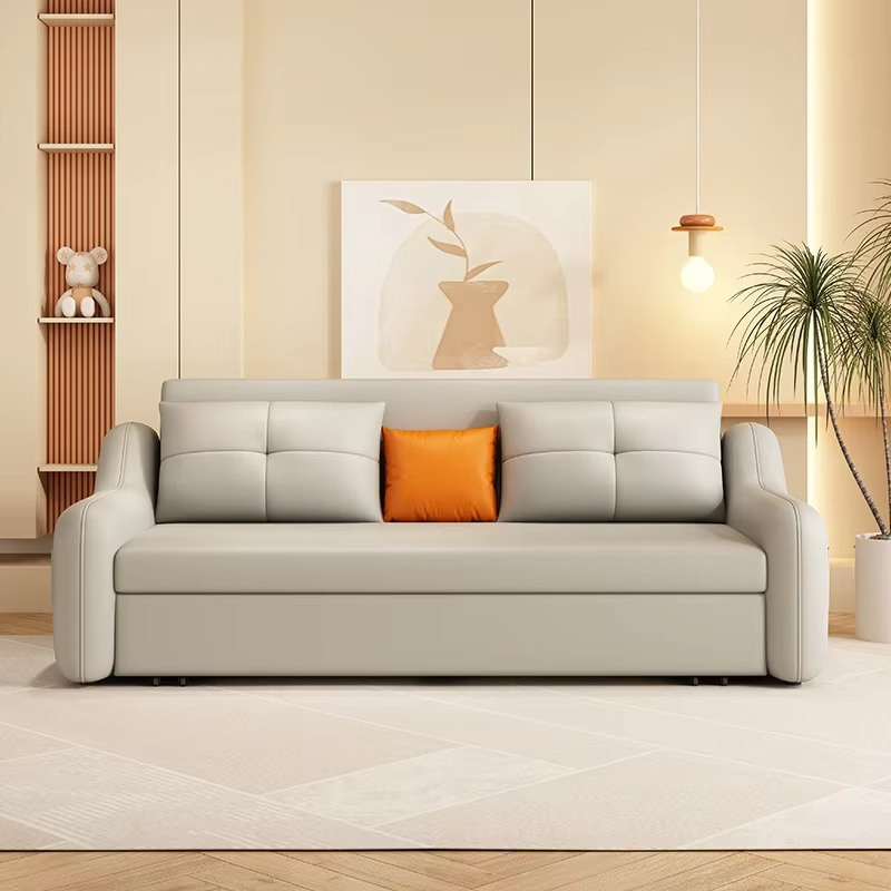 Modern leather sofa bed dual-purpose living room cream simple small apartment multi-functional storage