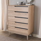 Wooden dresser with multiple drawers in a room setting. Drawer chest, Scandinavian design. 