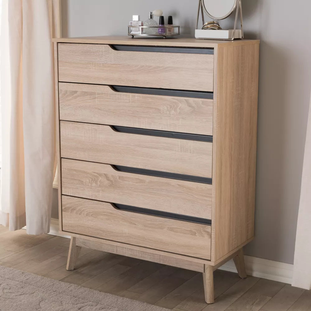 Wooden dresser with multiple drawers in a room setting. Drawer chest, Scandinavian design. 