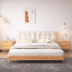 Bedroom with a wooden bed, white bedding, and two nightstand. Scandinavian bedframe, Minimalist bed design, Bedroom furniture. 
