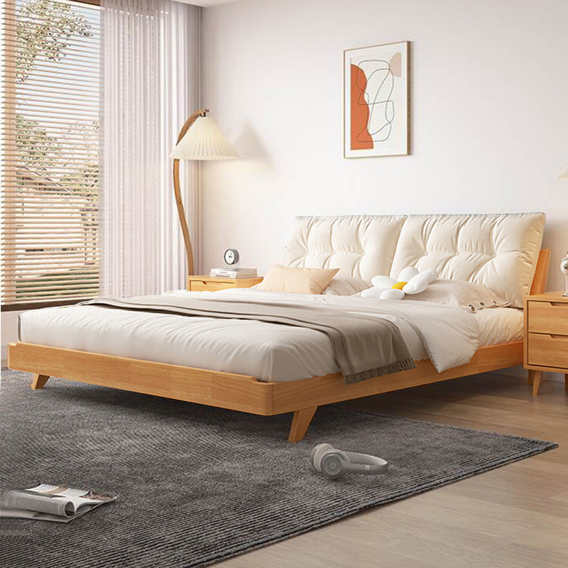 Scandinavian Minimalist Wooden Bed with Tufted Padded Headboard