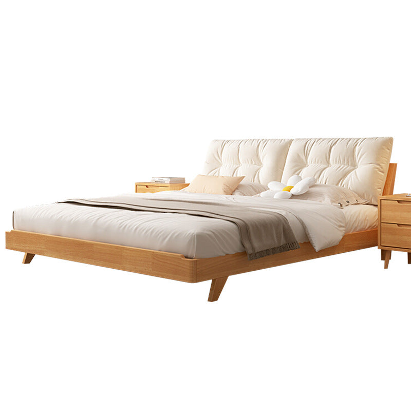 Scandinavian Minimalist Wooden Bed with Tufted Padded Headboard