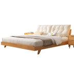 Scandinavian Minimalist Wooden Bed with Tufted Padded Headboard