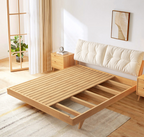 Scandinavian Minimalist Wooden Bed with Tufted Padded Headboard