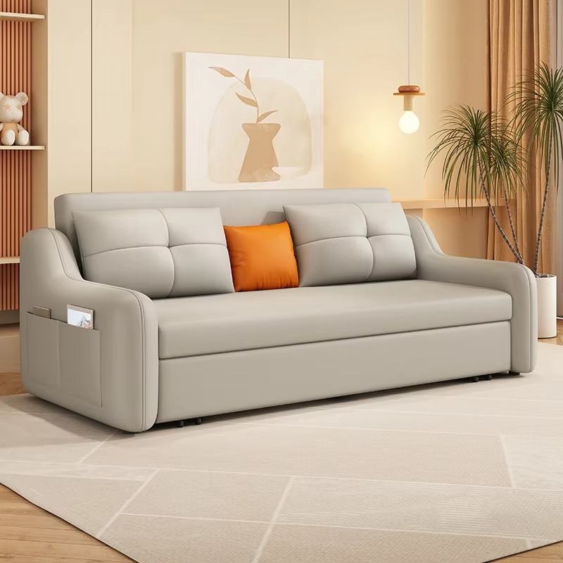 Modern leather sofa bed dual-purpose living room cream simple small apartment multi-functional storage