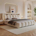 Modern Upholstered Lighted Bed with Storage Drawers Compartments