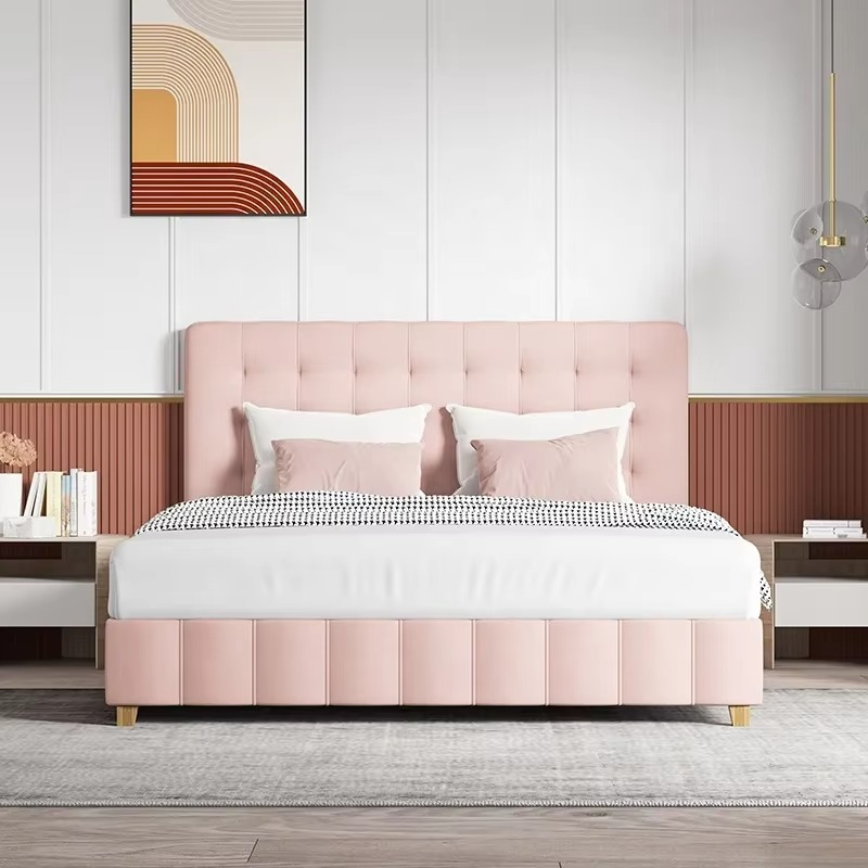 Upholstered Bed Diamond Tufted Headboard Kids Children Girls Bedroom Furniture Bedding Sets With Platform Frame
