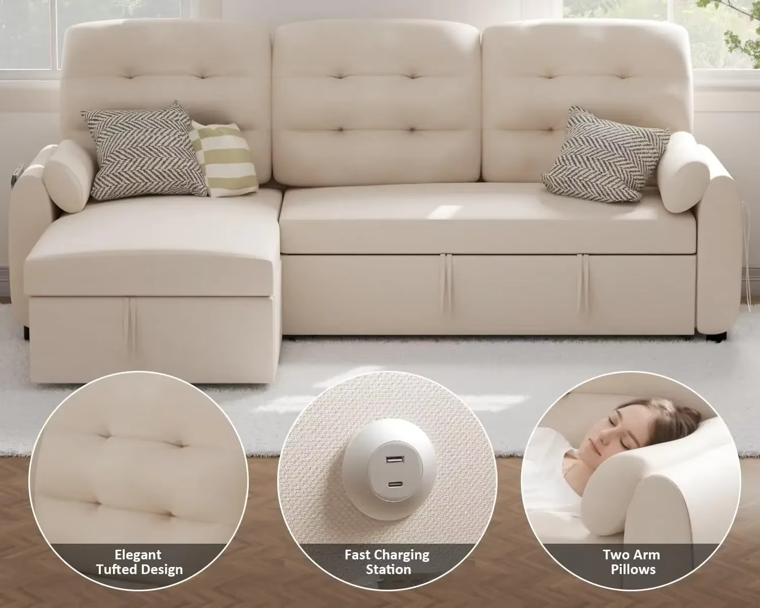 Sectional Sofa Couch Sleeper Sofa Bed with Reversible Storage Chaise Pull Out Couch