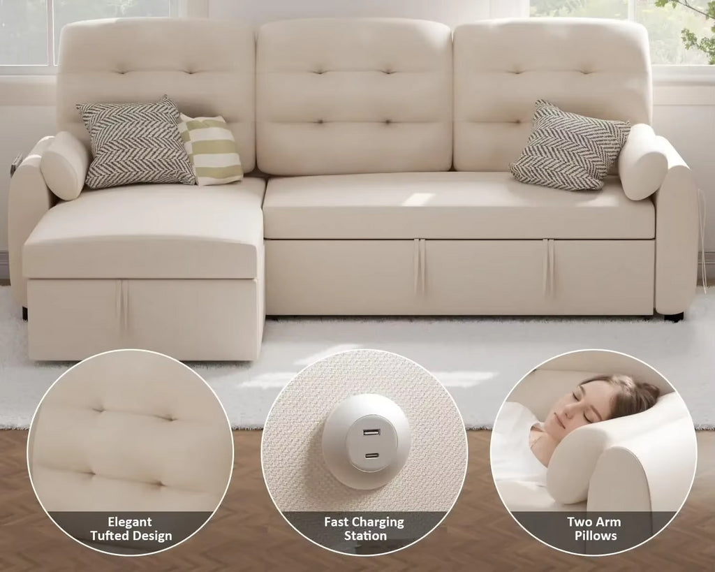 Beige sectional sofa with storage drawers, decorative pillows, and close-up details in a room. Pull out couch, Minimalist sofa bed design. Elegant tufted sofa bed design, Sofa bed with charging station. 