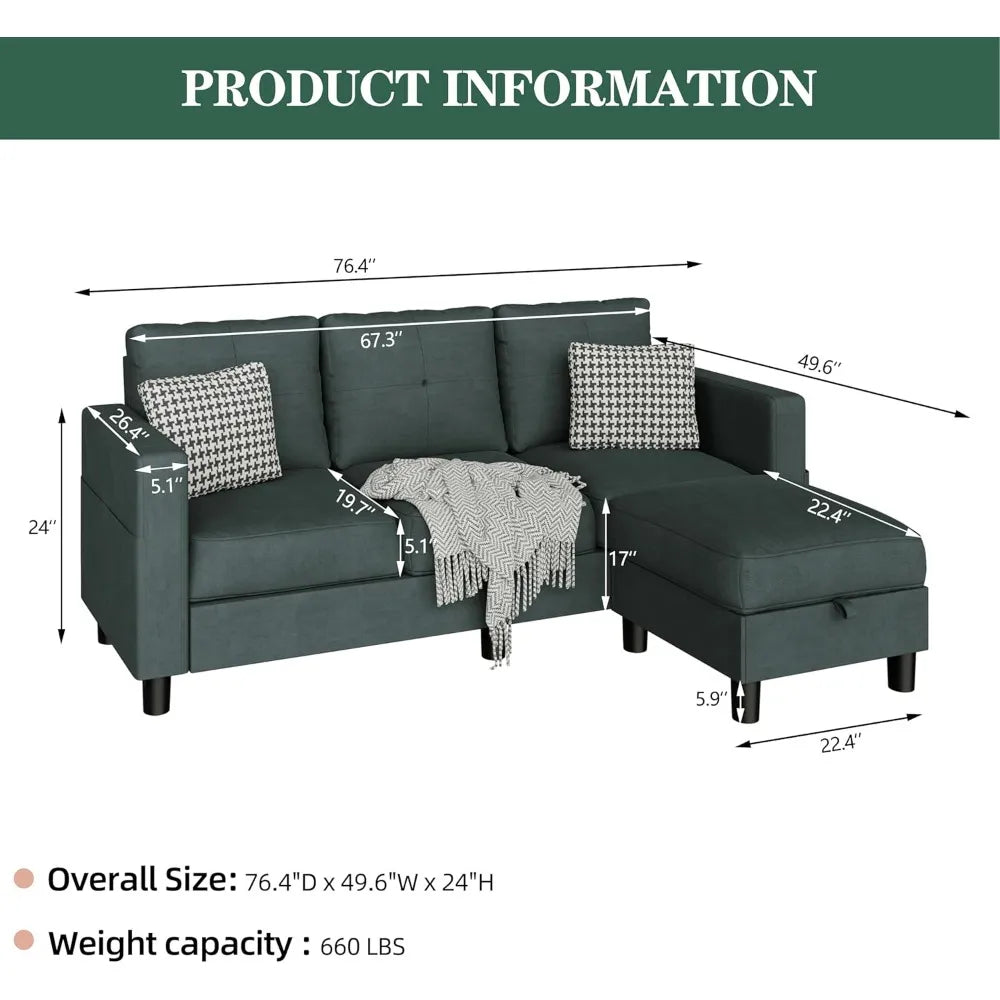 Green sectional sofa with measurements on a white background