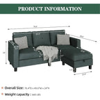 Green sectional sofa with measurements on a white background