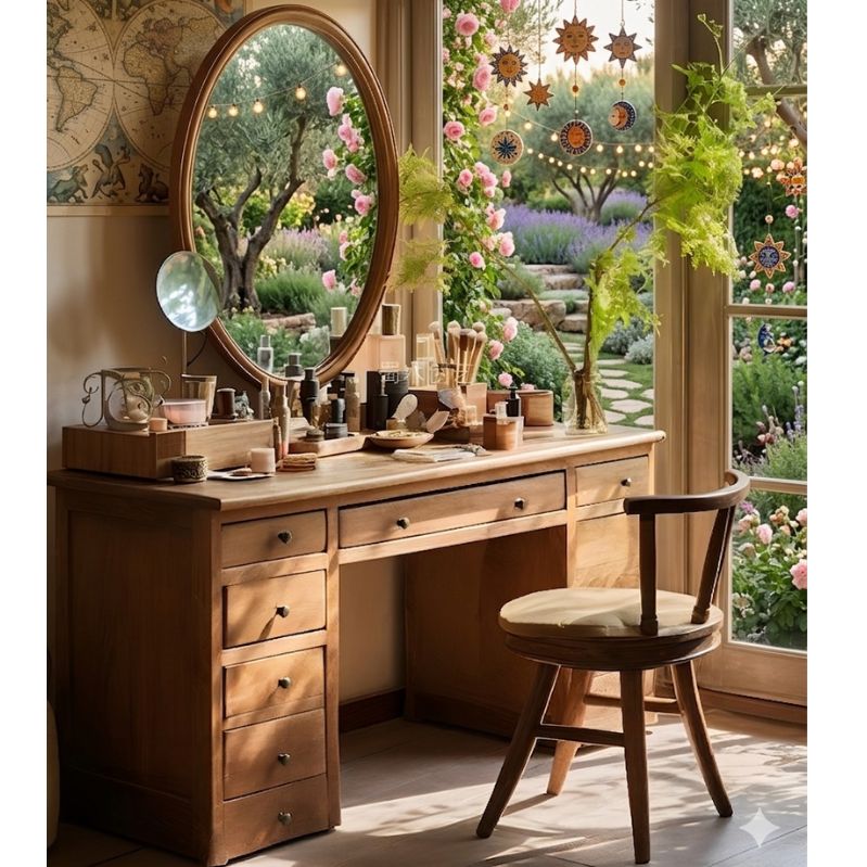 Wooden vanity desk with round mirror and chair, set against a garden view.