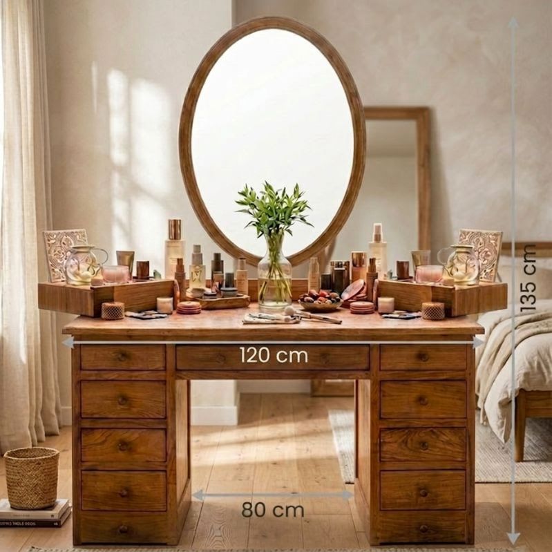 Wooden vanity table with round mirror and various items on top, dimensions indicated.