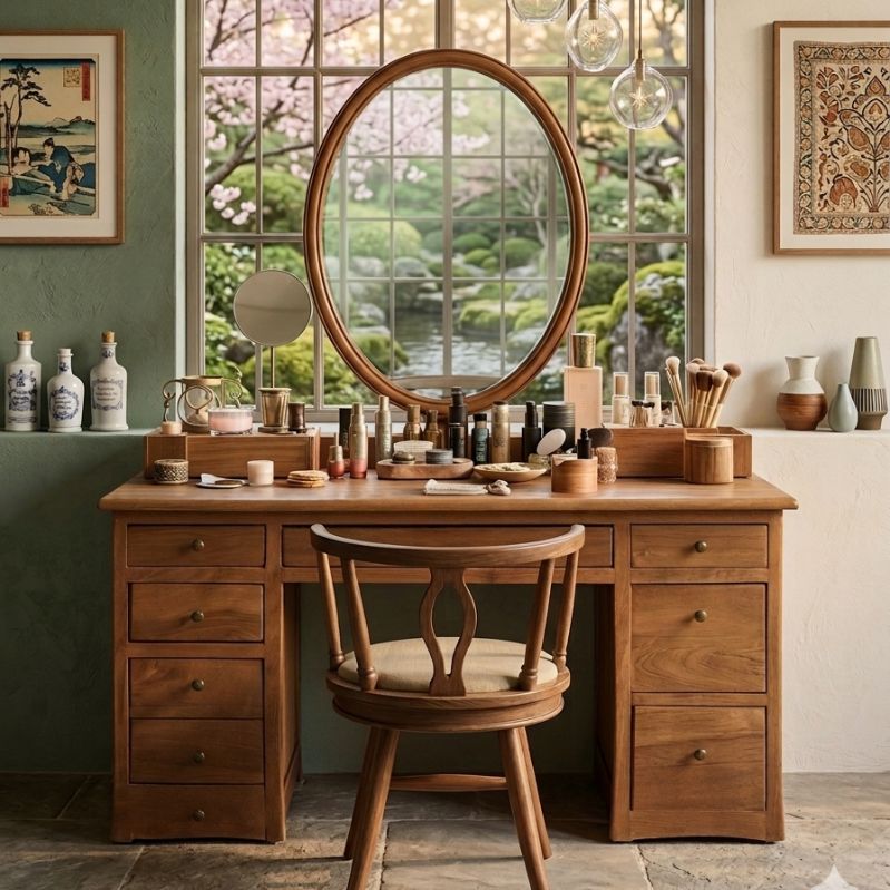 Wooden vanity with round mirror, chair, and various items in a room with large windows.
